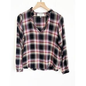 Cloth & Stone For Anthro Plaid Flannel Top Blouse Small Black White